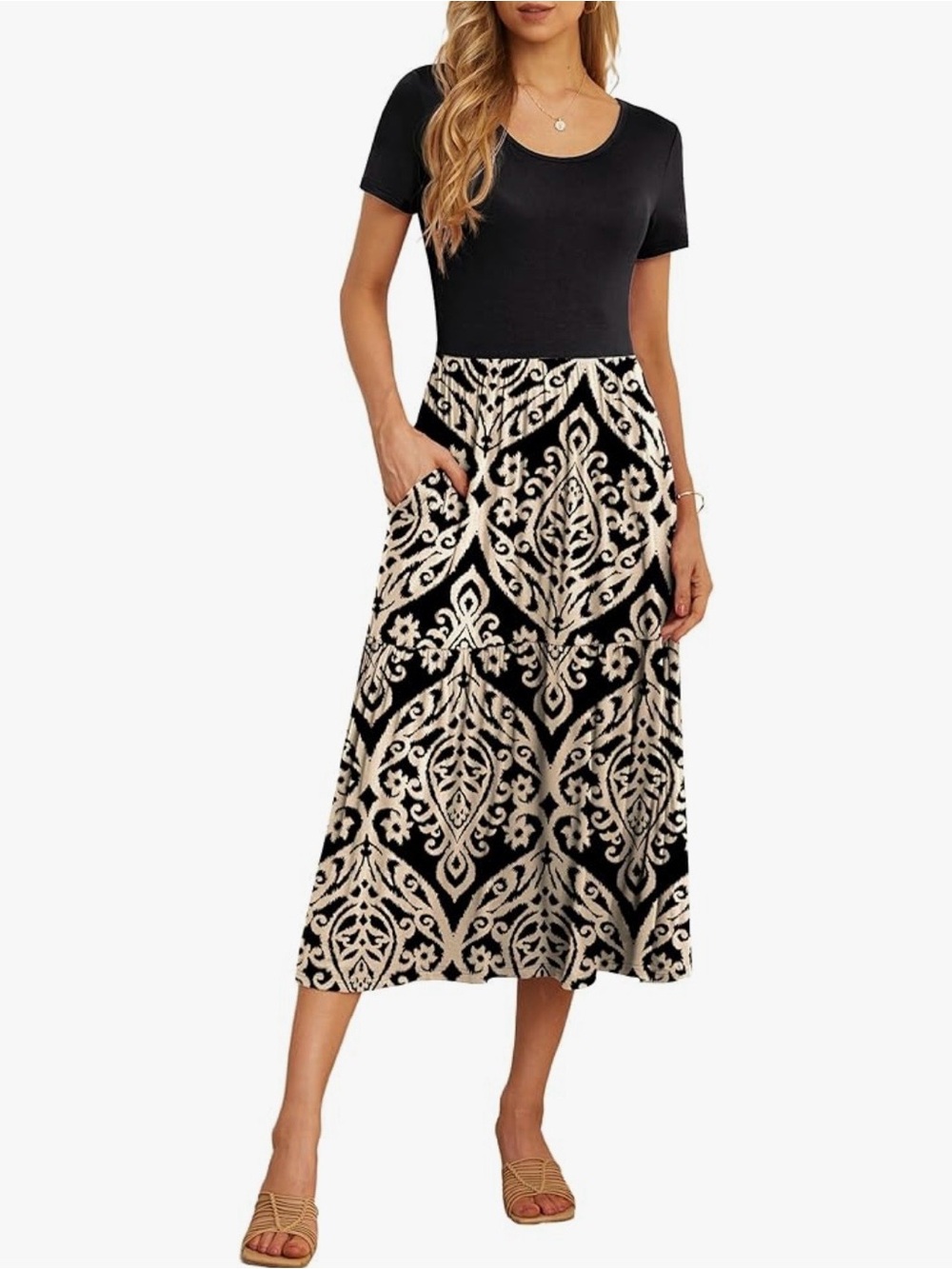 Black and Cream Patterned Maxi Skirt - Women